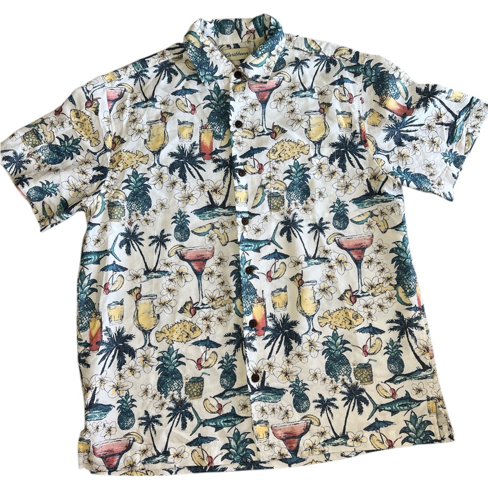 Caribbean men's L Tropical Cocktail Hawaiian Printed Short Sleeve Shirt